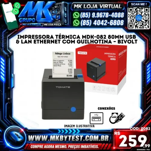 Impressora Térmica MDK-082 80mm USB & LAN Ethernet com Guilhotina - Bivolt