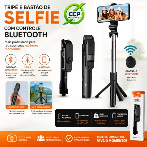 Tripé e Bastão de Selfie c/ controle Bluetooth