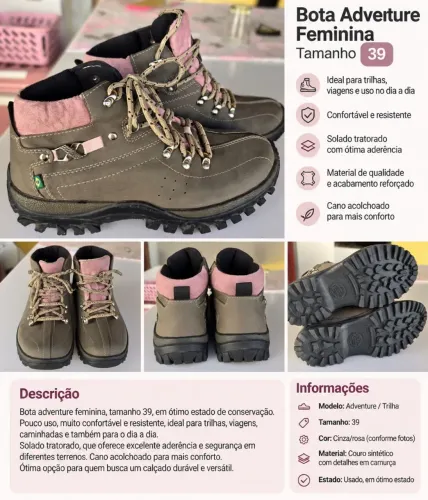 Bota Adventure Feminina Tamanho 39 - Cinza e Rosa