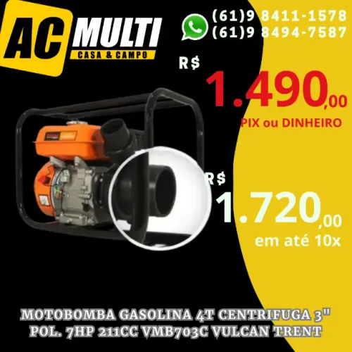 MOTOBOMBA GASOLINA 4T CENTRIFUGA 3" POL. 7HP 211cc VMB703C VULCAN TRENT