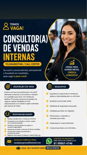 Vaga: Consultor(a) de Vendas Internas (Telemarketing / Call Center)