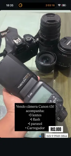 Cânon t5i acompanha 3 lentes, 1 flash, carregador
