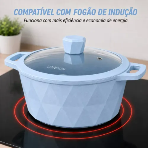 Jogo de Panelas London Blue 17 Peças 7mm Antiaderente com Tampa de Vidro e Utensílios