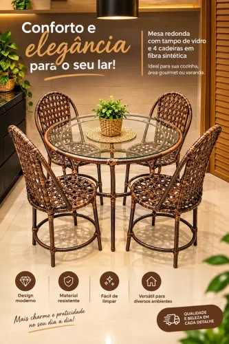 Mesa tampa de vidro com 4 cadeiras