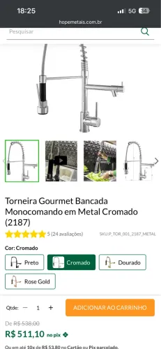 Torneira gourmet bancada Monocomando em metal cromado