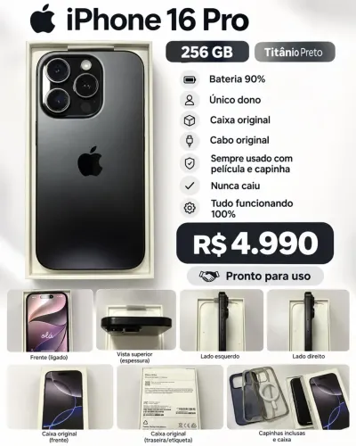 iPhone 16 Pro 256GB Titânio Preto 90% Bateria Caixa Original