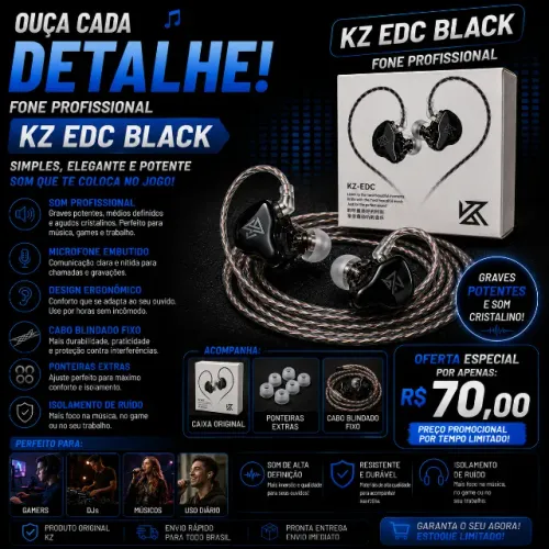 KZ EDC BLACK PROFISSIONAL /Som Cristalino+Graves Fortes + Microfone|Gamer, Música,retorno