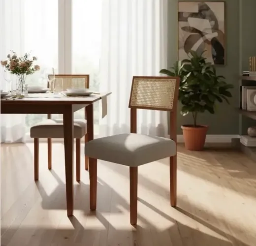 Kit 4 Cadeira Madeira Maciça Rattan Estofada Jantar Moderna