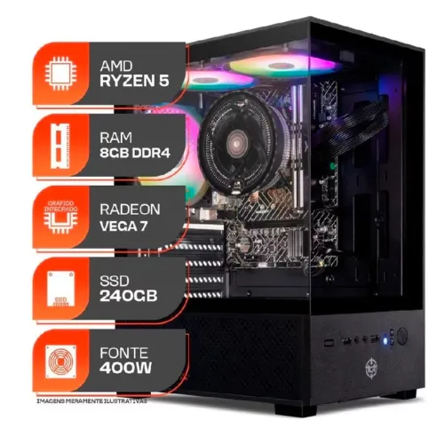 PC Gamer Forge, AMD Ryzen 5 5600GT, 8GB DDR4, SSD 360GB, 400W 80 Plus, Monitor, Cooler Led