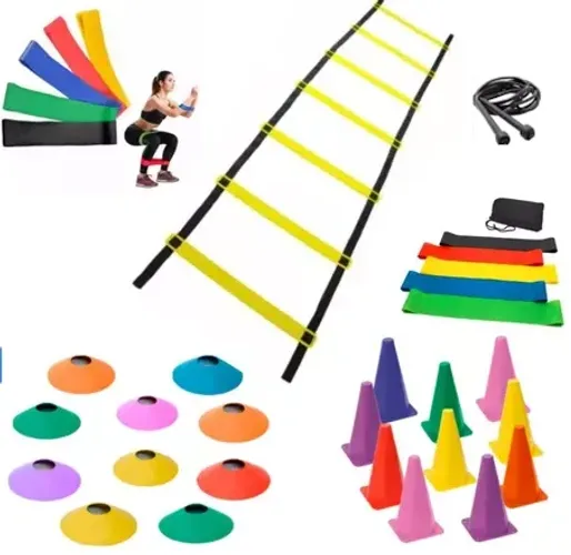 Kit Agilidade Funcional 10 Cones 10 Pratos 1 Escada Kit Elasticos 5 Mini Bands Corda z1539