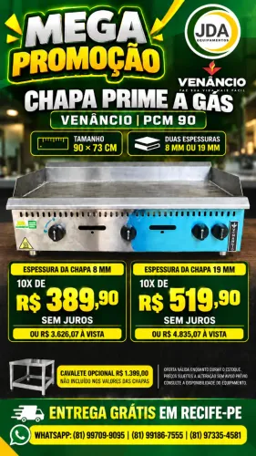 Chapa Para Hamburgueria a Gás Venâncio Prime PCM 90 - 8 mm ou 19 mm