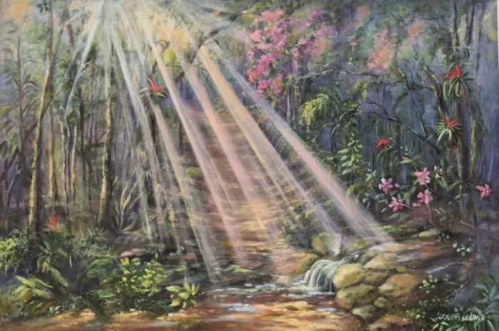 Pintura a óleo paisagem com raios de sol medindo 40x60cm