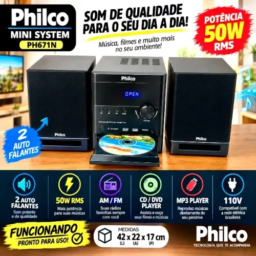 Mini System modelo PH671N com dois auto falantes, potencia de 50w RMS, Funções AM/FM Cd/DV