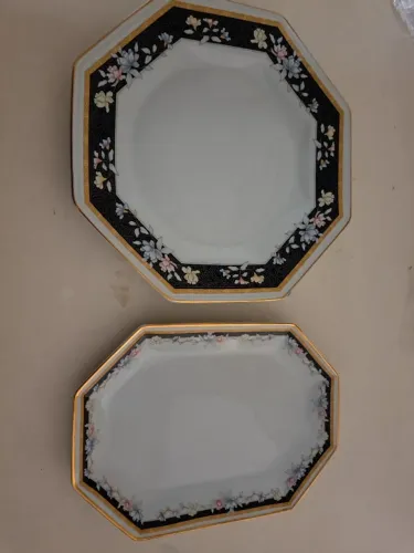 Travessa e Prato de Bolo de porcelana Scmidt octogonal floral