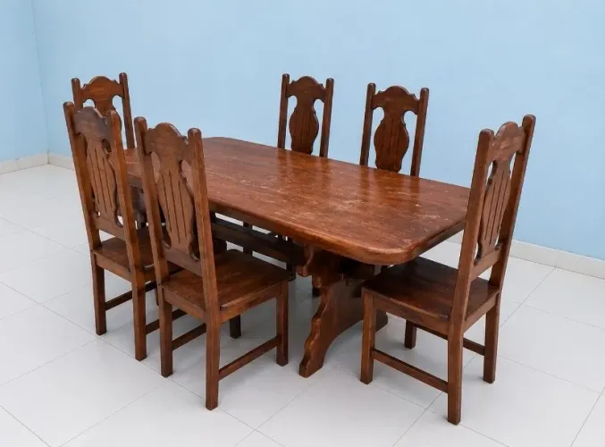 conjunto de mesa com seis cadeira de angelim pedra