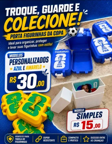 Porta Figurinhas Copa 2026 3D - Caixinha Taça FIFA Azul/Dourado