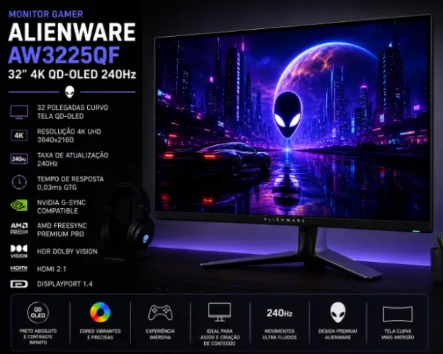 MONITOR GAMER ALIENWARE AW3225QF 32" 4K QD-OLED 240Hz