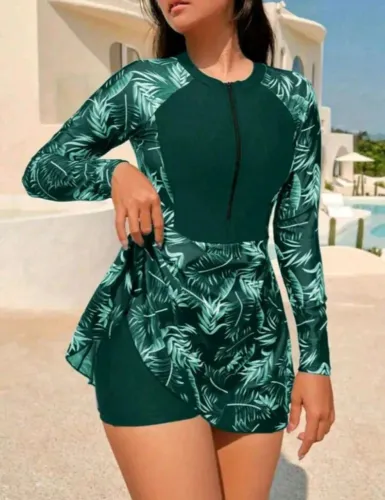 Maiô De Manga Comprida Tipo Vestido Com Estampa Botânica - Nunca Usado