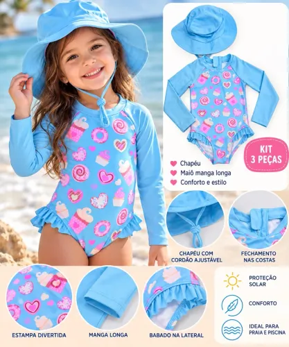 Maio Manga Longa Menina Infantil Proteção Uv 50 + Chapéu
