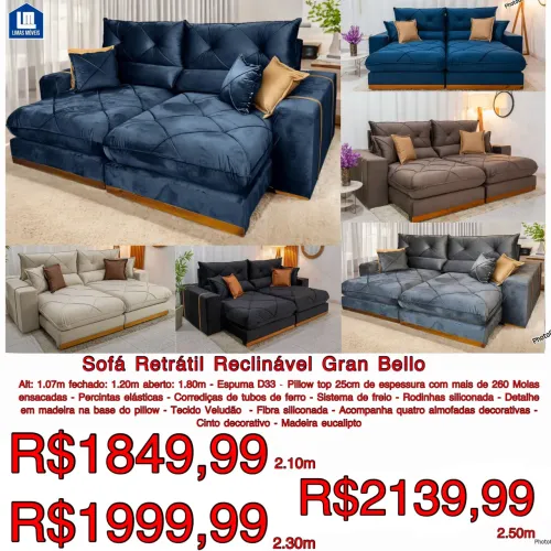 SOFÁ RETRATIL RECLINAVEL GRAN BELLO 2,50CM MOLAS ENSACADA ESPUMA D33