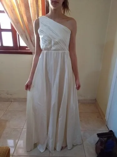 Vestido estilo Grego, godê, uma única alça P, 36/38, tecido cor pérola acetinado