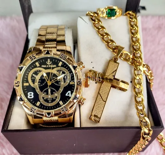 Kit masculino c cordão + medalha de aço banhado + relógio e anel