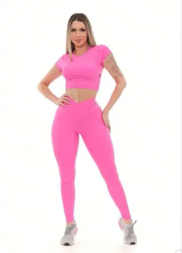 Conjunto fitness cropped e legging rosa - Novo!