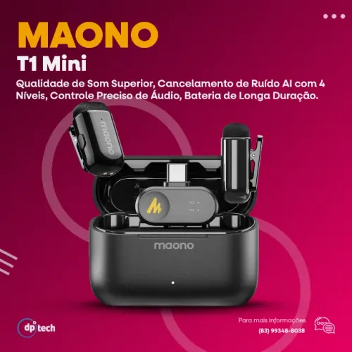 Microfone Sem fio, Cancelamento Ruído iA 4 Níveis, MAONO T1 Mini, Tipo-C, -Entrega Grátis