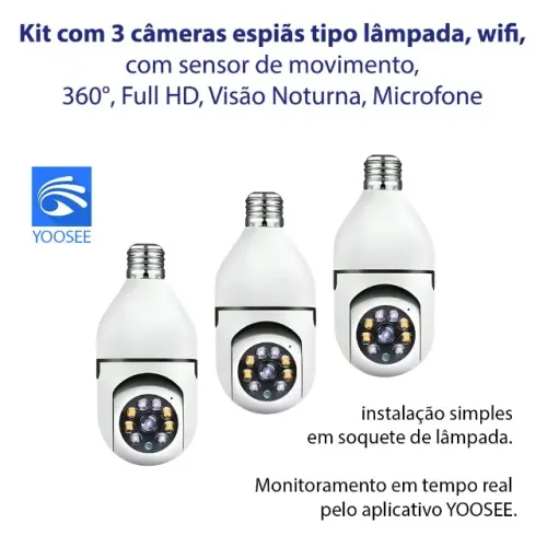 KIT 3 CÂMERAS WIFI 360° FULL HD + 3 Cartões 64gb - INSTALAÇÃO FÁCIL
