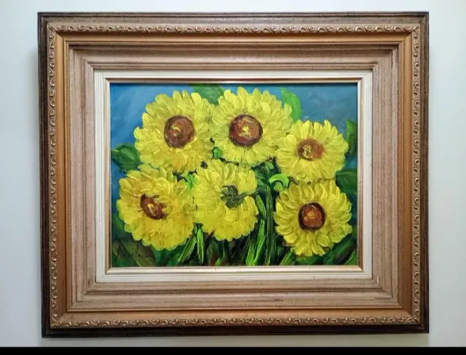Pintura a óleo girassóis com moldura em detalhes dourados