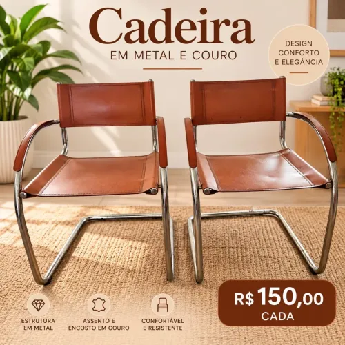 Cadeira em metal e couro 