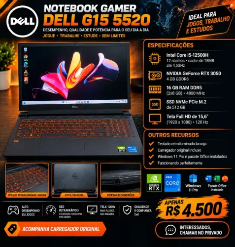 Notebook Gamer Dell G15, i5 12°Geração, RTX 3050,Tela 120hz, 16gb Ram, SSD 512gb