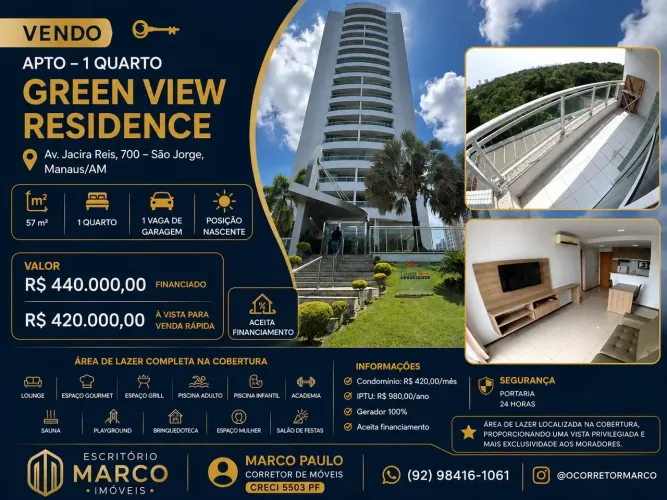 VENDO APTO  1 QUARTO  GRENN VIEW RESIDENCE