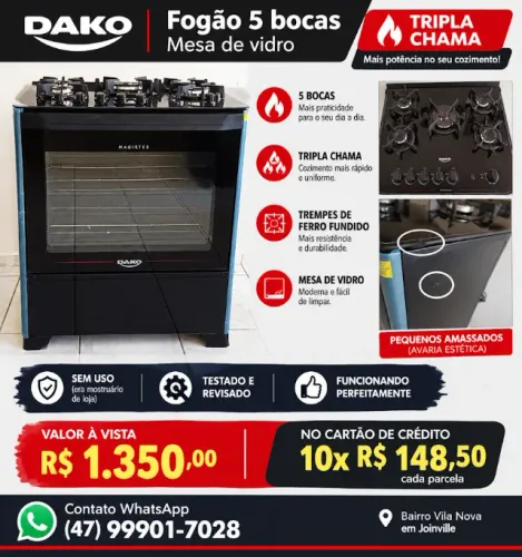 Fogão Dako NOVO, 5 Bocas, mesa vidro -tripla chama e trempe ferro fundido - acend. aut.
