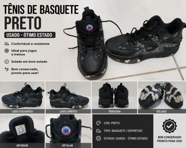 Tênis de Basquete Preto - Ótimo Estado (Apenas 1 uso)