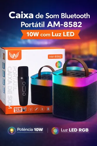 caixa de som karaoke bluetooth portátil AM-8582 10W com LED RGB