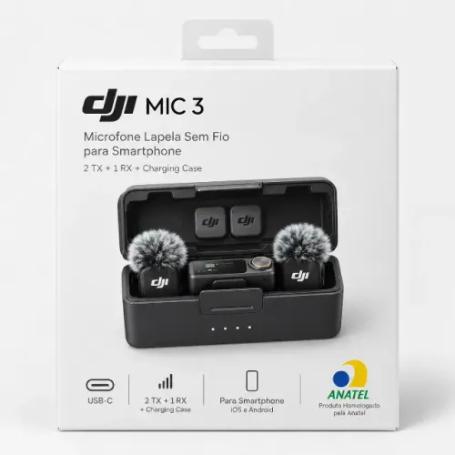 Microfone Lapela DJI Mic 3 USB-C Sem Fio para Smartphone - Preto (2TX + 1RX + CHARGING CAS