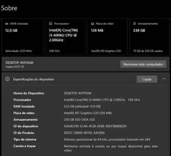 Acer Aspire A315-53 | Intel i3 | 12GB RAM | SSD 256GB | Muito Conservado