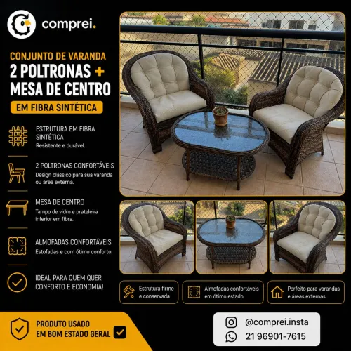 Conjunto de Varanda em Fibra Sintética | 2 Poltronas + Mesa de Centro