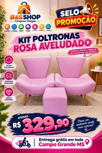 Promoção kit poltrona rosa Suede 3 peças