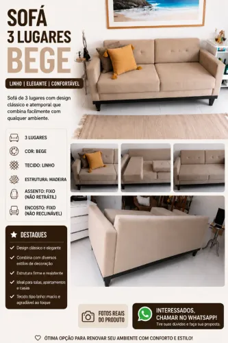 Sofá 03 lugares Bege