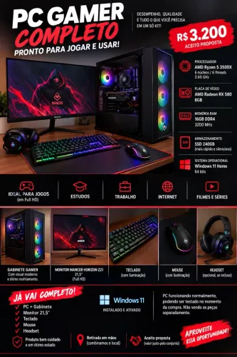 PC GAMER COMPLETO RYZEN 5 3500X + RX 580 8GB + 16GB + MONITOR