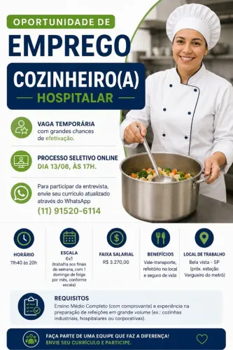 Oportunidade de Emprego - Cozinheiro(o) Hospitalar