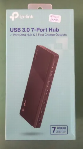 HUB USB TP-Link UH-700 na caixa - 7 portas 3.0, alimentação na tomada, carrega dispositivo