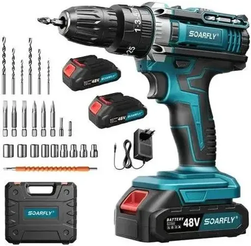 Parafusadeira Furadeira SOARFLY 48V Sem Fio + 2 Baterias e Kit Completo