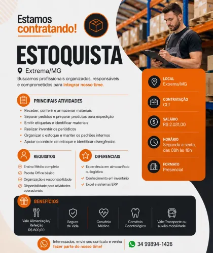 Vaga de Estoquista - Extrema/MG | Segunda a Sexta