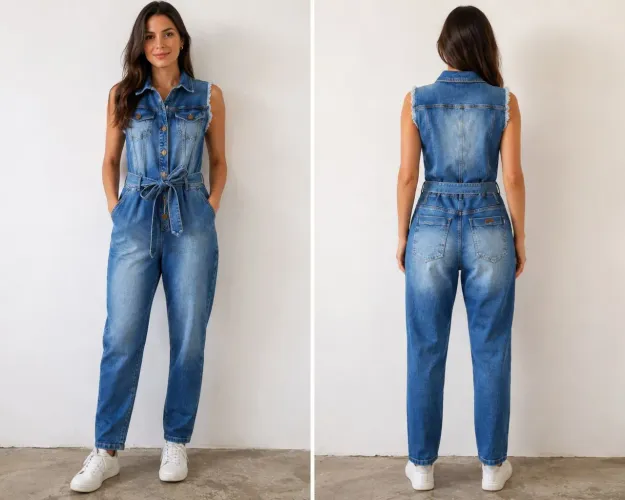 MACACÃO Jeans regata com manga desfiada