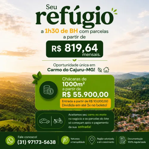 ? LOTE DE 1.000 m² À VENDA - CARMO DO CAJURU/MG
