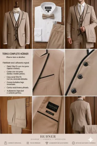Terno Completo Slim Fit Bege Tan Masculino - Tamanho 48 (Com Colete e Gravata Borboleta)