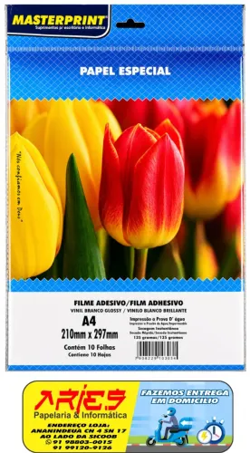 FILME ADESIVO VINIL BRANCO GLOSSY 135G A4 10 FOLHAS MASTERPRINT